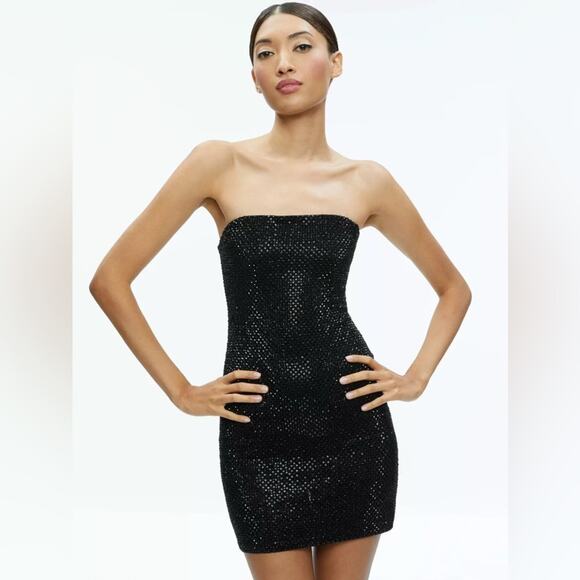Alice & Olivia Leia Strapless Embellished Sequin Black Mini Dress Size 10 - Picture 1 of 16